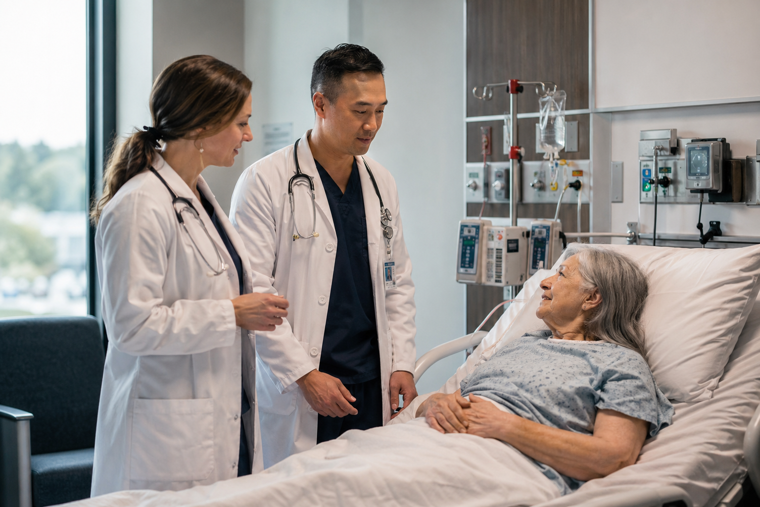 Physicians caring for a patient in a hospital clinical setting