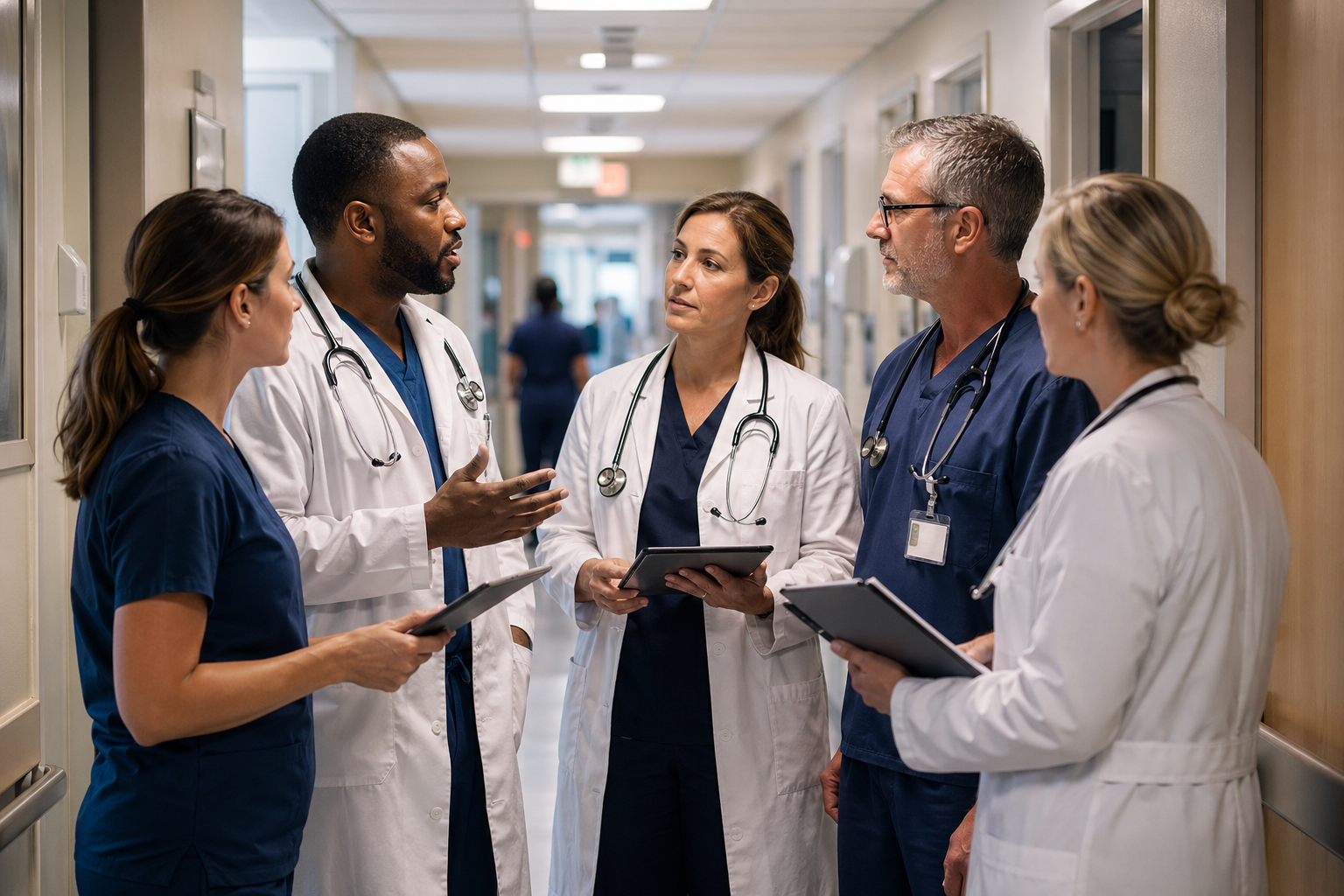 Clinical care team meeting in a hospital hallway